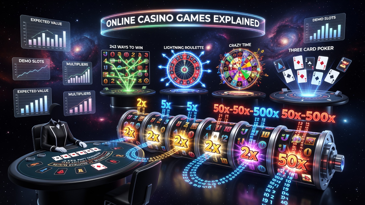 Online Casino Games Explained: RNGs, Megaways, Multipliers, 243 Ways to Win, Demo Slots, Blackjack Splits, Lightning Roulette, Expected Value, Three Card Poker and Crazy Time