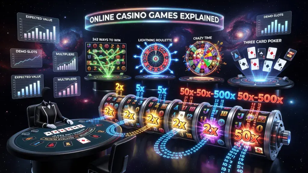 Online Casino Games Explained: RNGs, Megaways, Multipliers, 243 Ways to Win, Demo Slots, Blackjack Splits, Lightning Roulette, Expected Value, Three Card Poker and Crazy Time